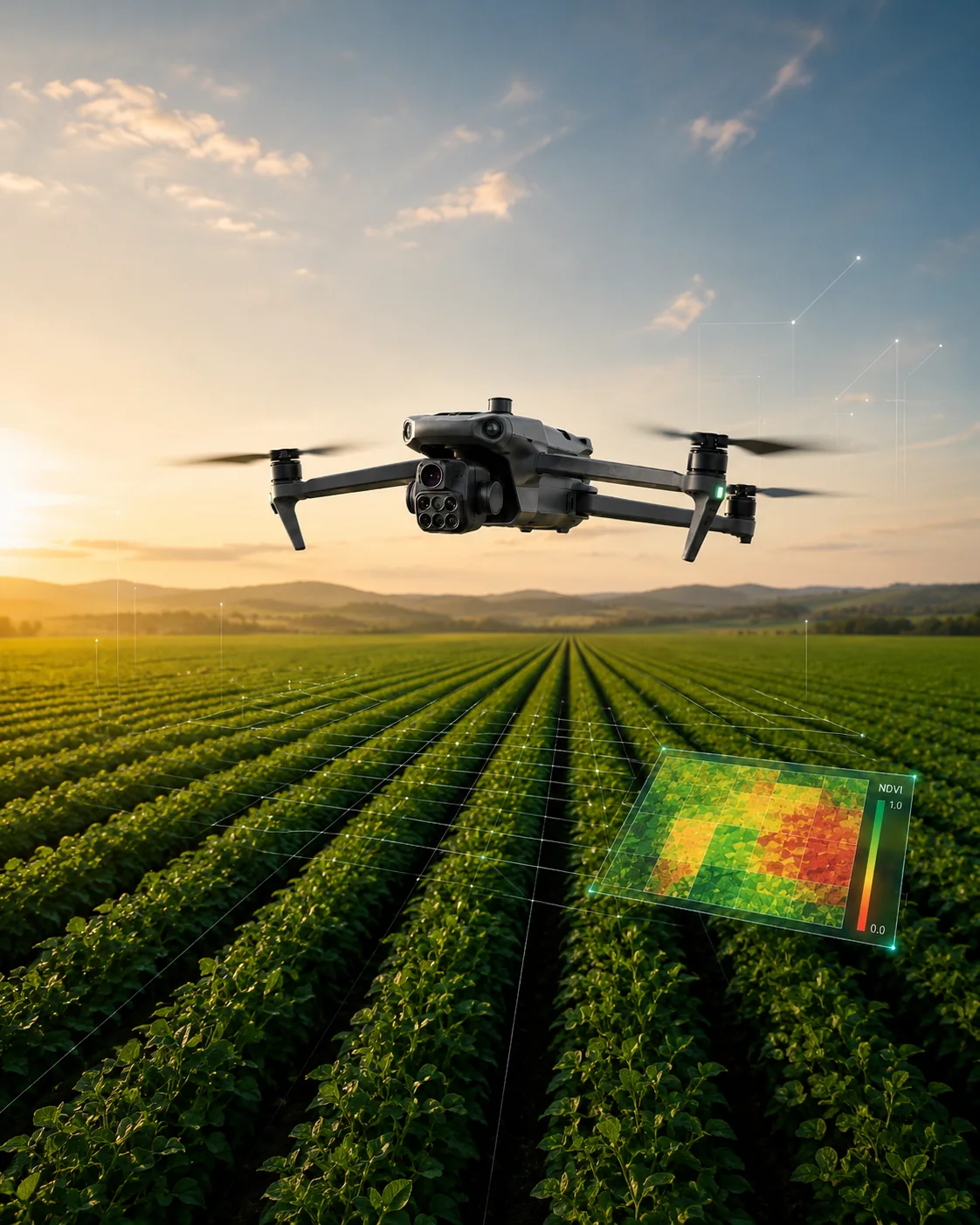Drone Mavic 3 Multispectral em operação de mapeamento agrícola