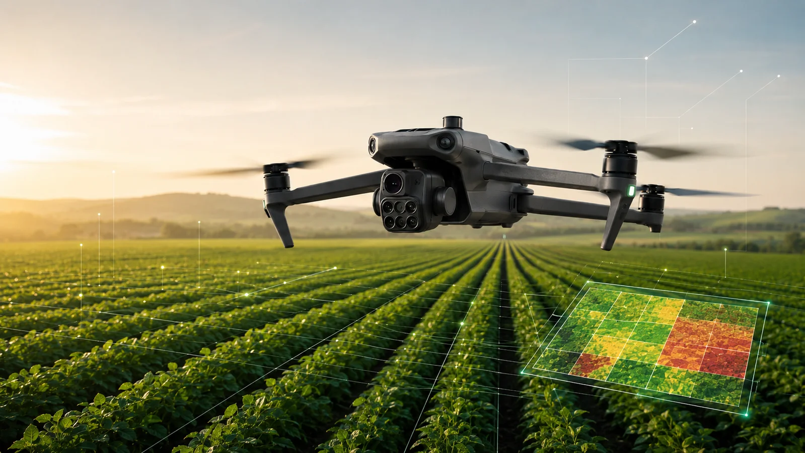 Drone Mavic 3 Multispectral em voo sobre lavoura para agricultura de precisão